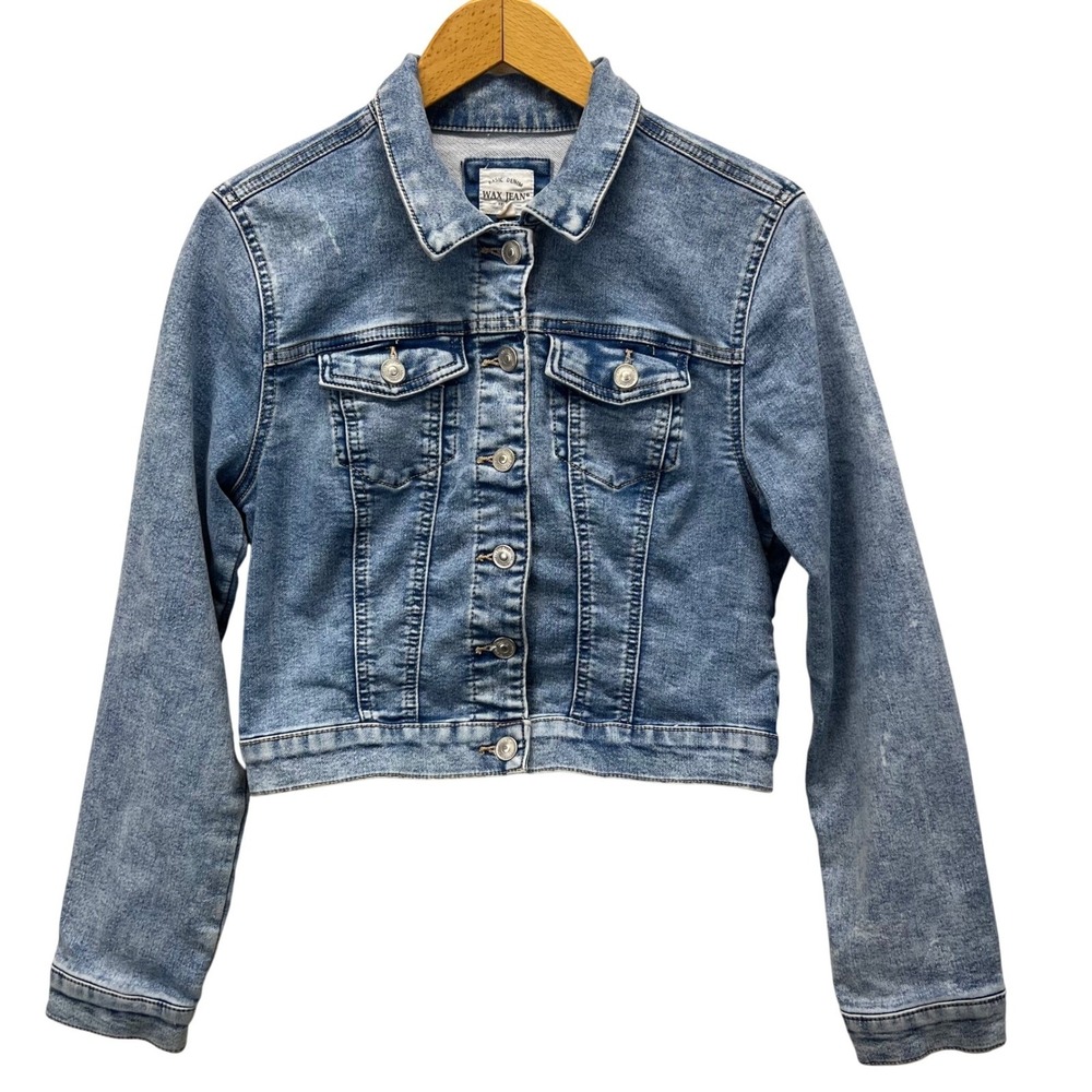 Wax Jean Women's Light Stonewash Denim Cropped‎ Trucker Jacket Small Stretch